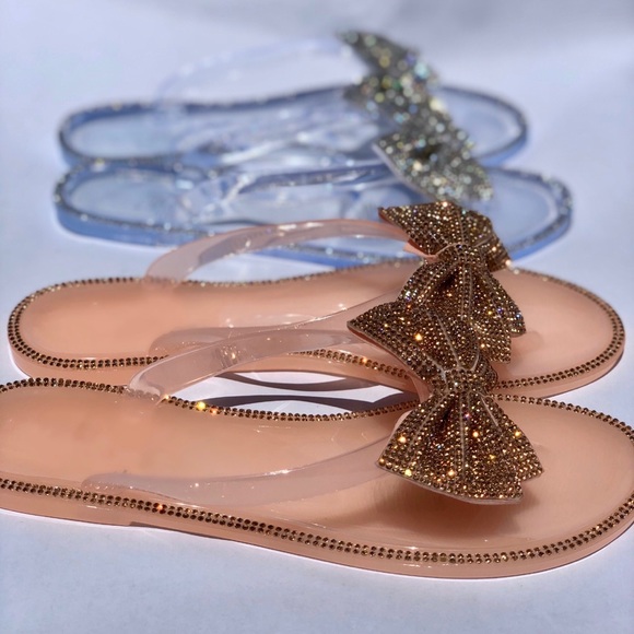 Nude Jelly Rhinestone Bow Thong Sandals - Picture 3 of 7